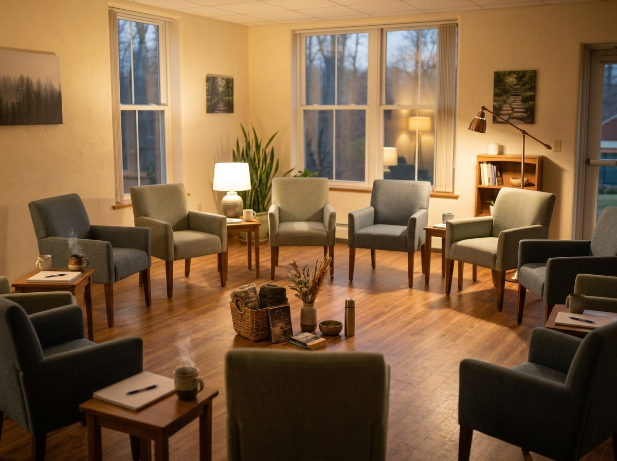 An evening group circle lit by warm lamplight