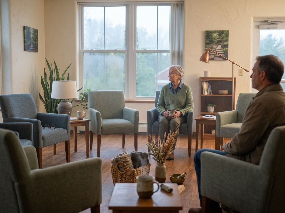A one-to-one therapy office with a window and plants